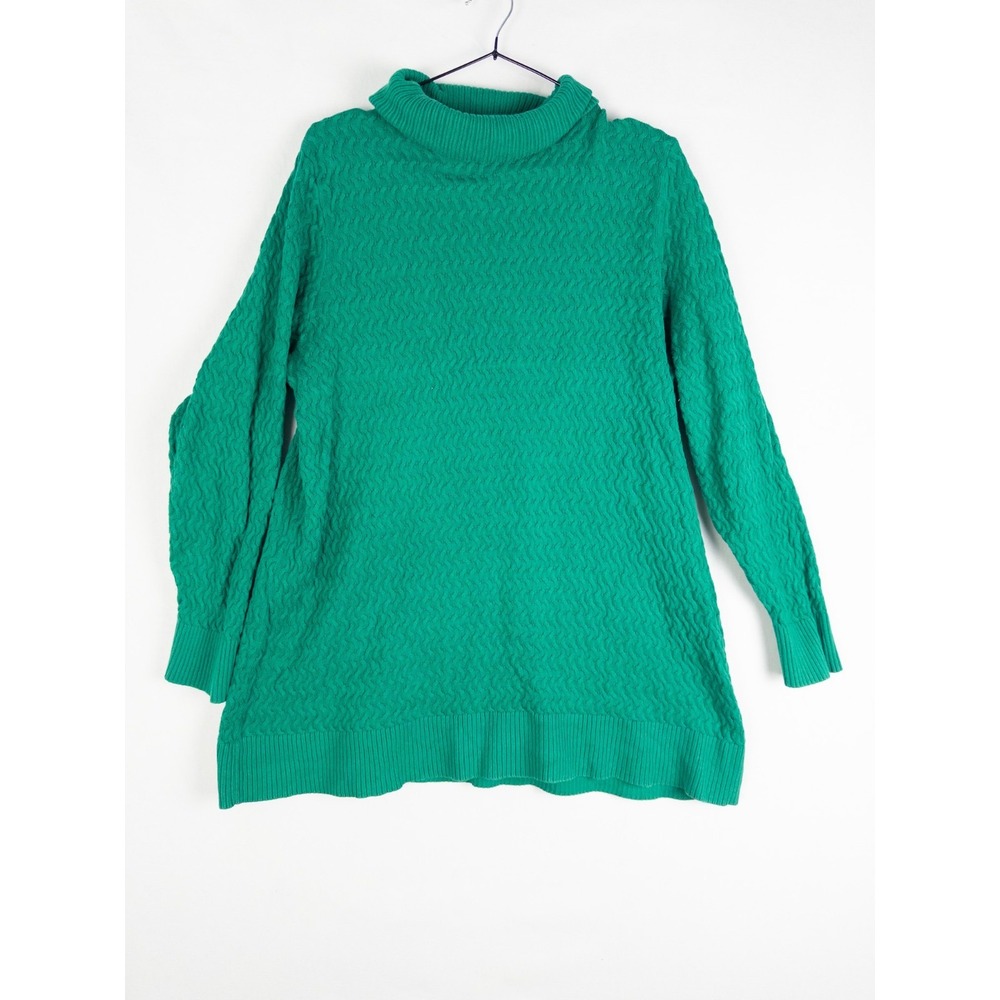 Lands End‎ Sweater Womens XL 16W-18W Green Pullover Cableknit Cotton Turtleneck
